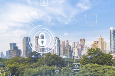 Güneydoğu Asya 'daki ticareti korumak için Panorama City manzaralı asma kilit hologramı. Bilgi güvenlik kalkanları kavramı. Çift pozlama.