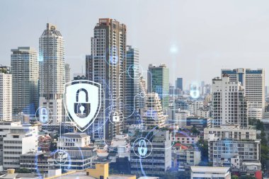 Güneydoğu Asya 'daki ticareti korumak için Panorama City manzaralı asma kilit hologramı. Bilgi güvenlik kalkanları kavramı. Çift pozlama.