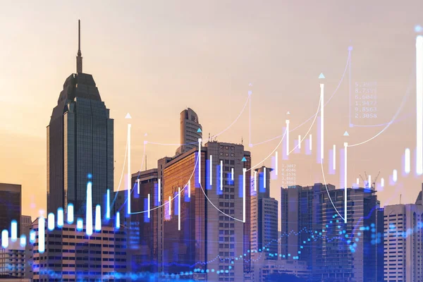 Holograma brilhante do gráfico de FOREX, paisagem urbana panorâmica aérea de Kuala Lumpur no por do sol. Negociação de ações e obrigações em KL, Malásia, Ásia. O conceito de gestão de fundos. Dupla exposição . — Fotografia de Stock