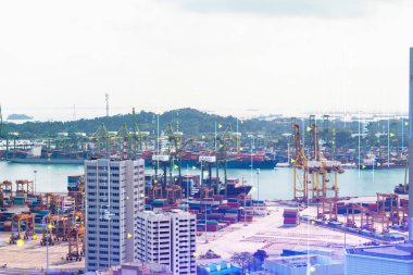 Asya 'daki iş merkezi Singapur' un Panorama şehri manzarası üzerine finansal hisse senedi hologramı. Uluslararası işlem kavramı. Çift pozlama.