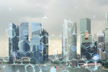 Parlak teknolojik süreç hologramı, günbatımında Singapur 'un panoramik şehir manzarası. Güneydoğu Asya 'daki en büyük yenilikçi teknoloji merkezi. Çoklu pozlama.