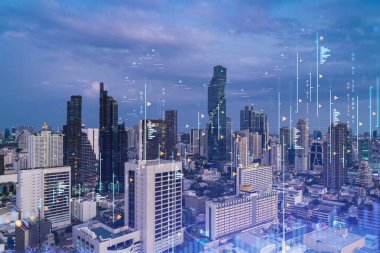 Işık saçan FOREX grafik hologramı, gün batımında Bangkok 'un panoramik şehir manzarası. Güneydoğu Asya 'da hisse ve tahvil ticareti. Fon yönetimi kavramı. Çift pozlama.