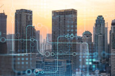 Parlak teknolojik süreç hologramı, gün batımında Bangkok 'un havadan panoramik manzarası. Güneydoğu Asya 'daki en büyük yenilikçi teknoloji merkezi. Çoklu pozlama.