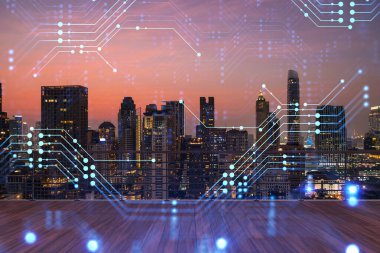 Tahta teraslı çatı, Bangkok gün batımı silueti. Yeni teknolojiler uygulayarak iş sürecini optimize etmek için yüksek teknolojili dijital hologramlar. Şehir merkezinde. Çift pozlama.