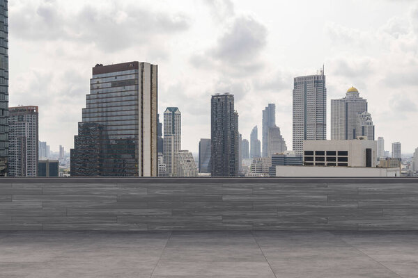 Panoramic Bangkok skyline view, concrete observatory deck on rooftop, daytime. Luxury Asian corporate and residential lifestyle. Financial city downtown, real estate. Product display mockup empty roof