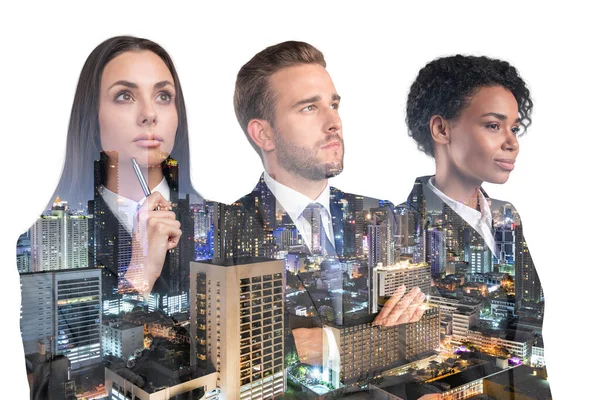 Three dreaming positive business people consultants in suits, crossed arms pose. Asia corporate lifestyle, multinational diverse young professionals. Night Bangkok city view. Double exposure — стоковое фото