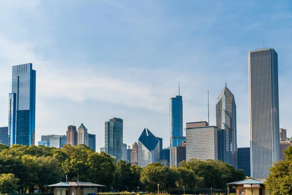 昼間は公園からシカゴのスカイラインパノラマ。シカゴ、イリノイ州、米国。金融街の高層ビル、活気あるビジネス街. — ストック写真