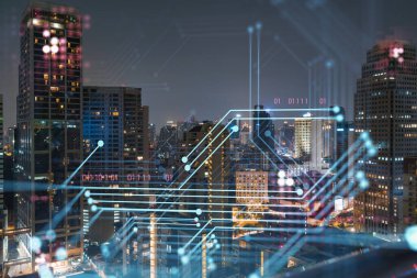 Bilgi akışı hologramı, Bangkok 'un gece manzarası. Güneydoğu Asya 'nın en büyük teknoloji merkezi. Bilimi programlama kavramı. Çift pozlama.