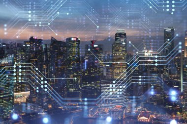 Bilgi akışı hologramı, Singapur 'un gece manzarası. Asya 'daki en büyük teknoloji merkezi. Bilimi programlama kavramı. Çift pozlama.