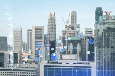 Asya 'daki iş merkezi Singapur' un Panorama şehri manzarası üzerine finansal hisse senedi hologramı. Uluslararası işlem kavramı. Çift pozlama.
