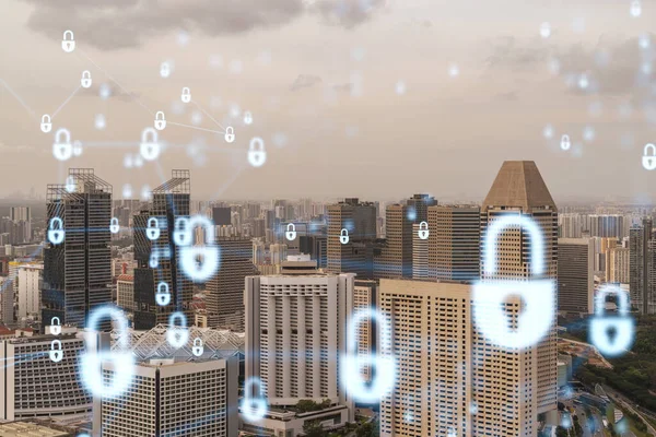 Asya, Singapur 'un günbatımı panoramik şehir manzarasında Padlock' un hologramı. Siber güvenlik istihbaratı kavramı. Çoklu pozlama.