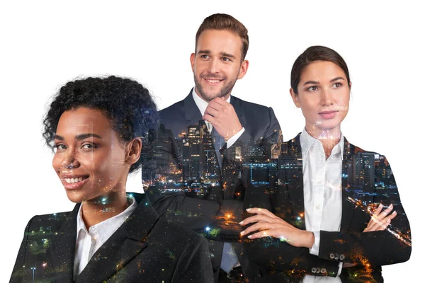 Three dreaming positive business people consultants in suits, crossed arms pose. Asia corporate lifestyle, multinational diverse young professionals. Night Bangkok city view. Double exposure — стоковое фото