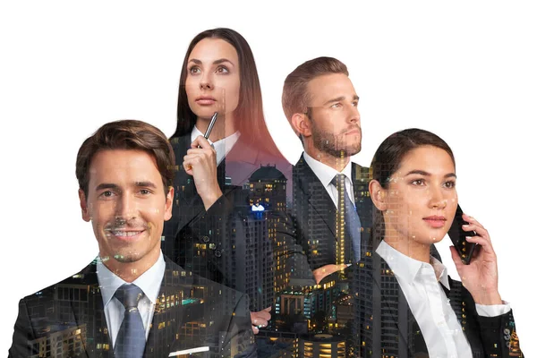 Group of four positive dreaming business people consultants in suits. Asia corporate lifestyle, multinational diverse young professionals. Night Bangkok city view. Double exposure — Stock Photo, Image