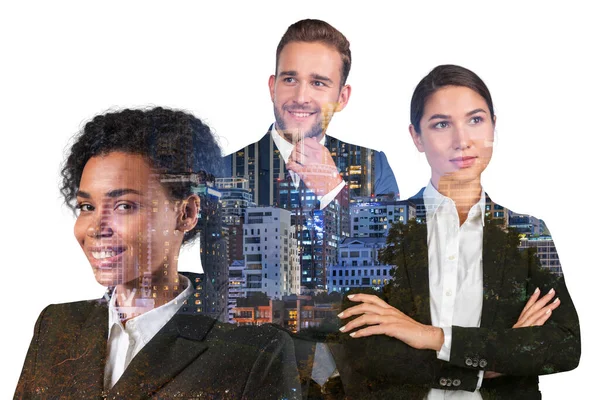 Three dreaming positive business people consultants in suits, crossed arms pose. Asia corporate lifestyle, multinational diverse young professionals. Night Bangkok city view. Double exposure — стоковое фото