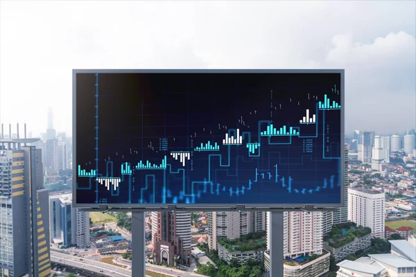 クアラルンプールのパノラマシティビュー上の道路看板上の外国為替および株式市場チャートのホログラム。KLはマレーシアの金融センターです。国際貿易の概念. — ストック写真