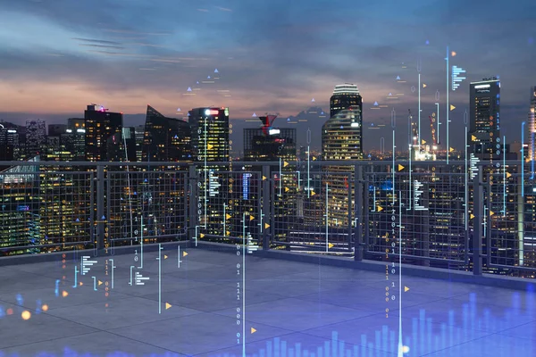 Rooftop with concrete terrace, Singapore night skyline. Forecasting and business modeling of financial markets hologram digital charts. City downtown. Double exposure. Stockbild