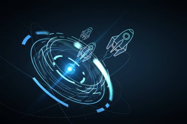 Konsepti başlat. Yeni iş teması. Oklar, roket, fikir. 3d oluşturma