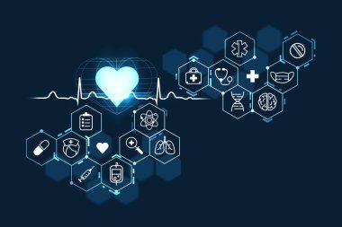 Tıbbi temalı hologram çizimleri. Sağlık sigortası konsepti. 3d oluşturma.