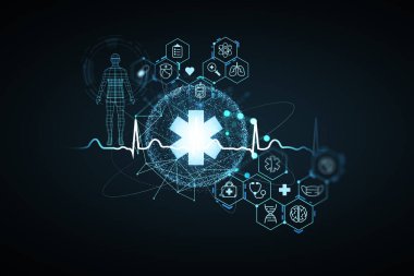 Tıbbi temalı hologram çizimleri. Sağlık sigortası konsepti. 3d oluşturma.