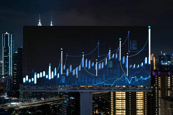 Holograma gráfico FOREX en valla publicitaria, paisaje urbano panorámico nocturno aéreo de Kuala Lumpur. KL es la ubicación desarrollada para los investigadores de bolsa en Malasia, Asia. El concepto de análisis fundamental —  Fotos de Stock