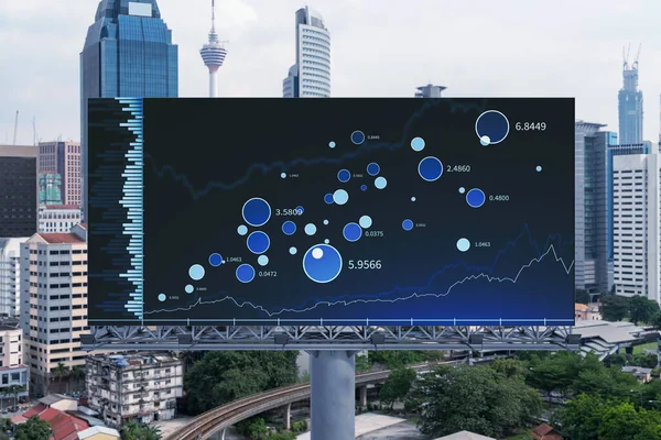 Panorama şehrinin Kuala Lumpur manzarasında eski ve borsa hologramı. KL, Malezya, Asya 'daki finans merkezidir. Uluslararası ticaret kavramı. — Stok fotoğraf