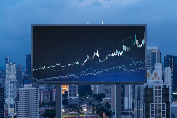 İlan panosunda FOREX grafik hologramı, Kuala Lumpur 'un gece panoramik şehir manzarası. KL, Asya, Malezya 'da borsa araştırmacıları için geliştirilmiş bir yerdir. Temel analiz kavramı — Stok fotoğraf