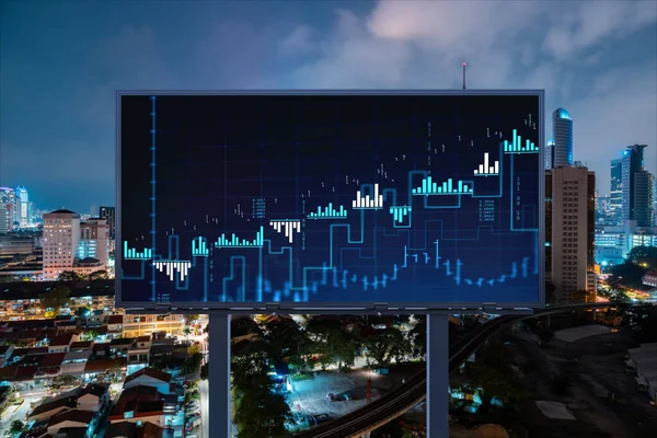 ビルボード上のFOREXグラフホログラム、クアラルンプールの空の夜のパノラマの街並み。KLは、マレーシア、アジアの株式市場研究者のために開発された場所です。基本的な分析の概念 — ストック写真