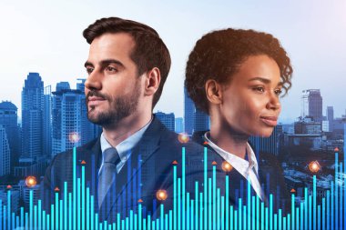 MBA mezuniyetinden sonra çok uluslu şirket takımındaki iki meslektaş kariyer fırsatları hayal ediyor. Şirket finans fonunda ticaret. Eski çizelge. Bangkok arka planda. Çift pozlama.