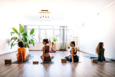 İnsanlar yoga dersi sırasında oturarak eğilme pozu veriyorlar.