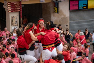 Vilafranca del Penedes, Spain, 20 August 2022: Human tower, castellers of Vilafranca del Penedes. Catalan tradition High quality photo