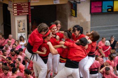 Vilafranca del Penedes, Spain, 20 August 2022: Human tower, castellers of Vilafranca del Penedes. Catalan tradition High quality photo