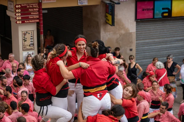 Vilafranca del Penedes, Spain, 20 August 2022: Human tower, castellers of Vilafranca del Penedes. Catalan tradition High quality photo