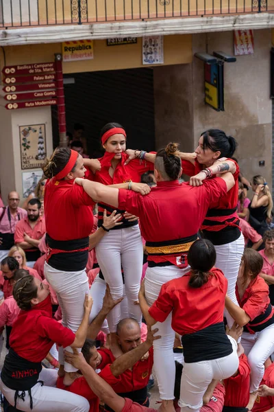 Vilafranca del Penedes, Spain, 20 August 2022: Human tower, castellers of Vilafranca del Penedes. Catalan tradition High quality photo