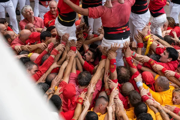 Vilafranca del Penedes, Spain, 20 August 2022: Human tower, castellers of Vilafranca del Penedes. Catalan tradition High quality photo