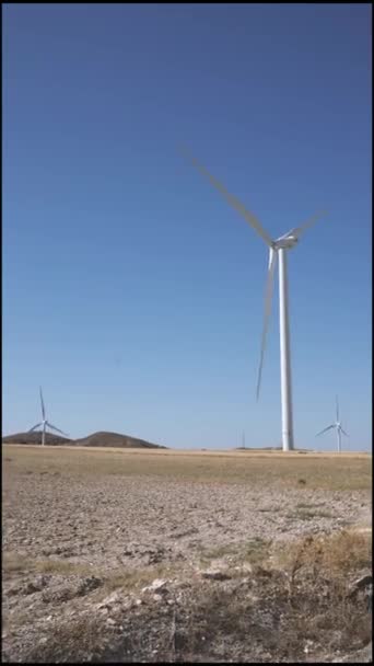 Modern Windmills Located Field Road Cloudless Blue Sky Wind Power — Vídeo de Stock