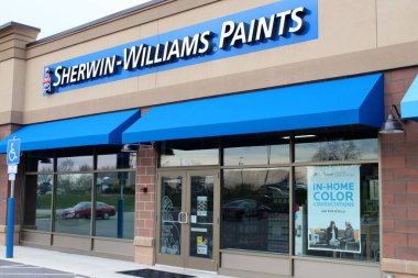 Columbus, OH / USA 10 Nisan 2019: Sherwin-Williams Company, Amerika Birleşik Devletleri 'nin genel yapı malzemeleri endüstrisinde faaliyet gösteren ve iç ve dış boya tedariği alanında uzmanlaşmış bir şirkettir..