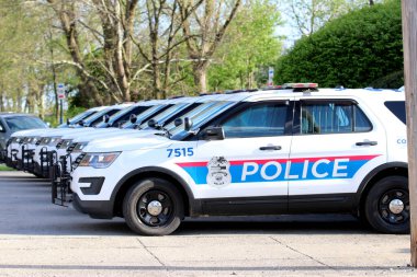 Columbus Ohio May 1, 2022A succession of police cars lined up in front of precinct. 