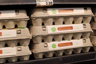 Columbus, OH-USA 27 Haziran 2019: Yerel süpermarketin günlük reyonunda bulunan yumurtalardaki kutular.