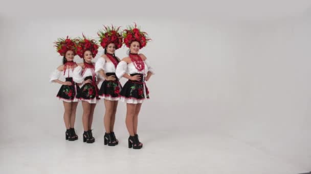 Ukrainian sexy show teem dancing in national costumes white background in studio — Vídeos de Stock