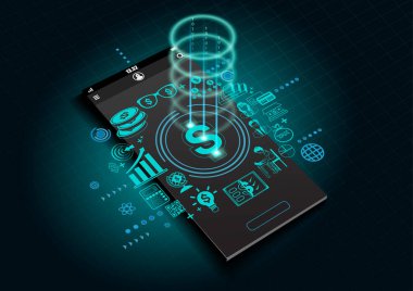 Gerçekçi akıllı telefon modeli ve ekranda iş simgeleri