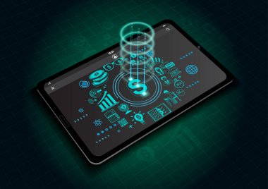 Gerçekçi tablet maket ve iş simgeleri ekranda