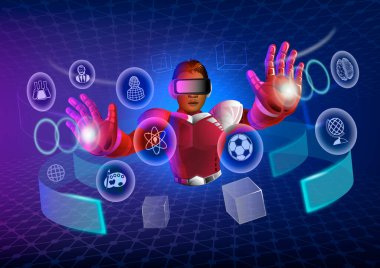 Metaverse Teknoloji konsepti. Sanal gerçeklik gözlüğü kullanan bir adam kahraman ve metaevren sanal dünyasının deneyimleri olduğunu hayal et.