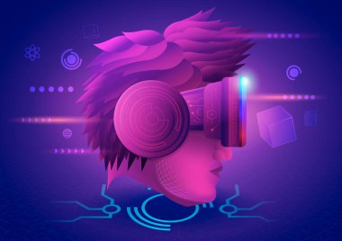 Metaverse Teknoloji konsepti. Sanal gerçeklik gözlüğü ve metaevren sanal dünyasının deneyimlerini kullanmakla karşı karşıya olan bir adam.