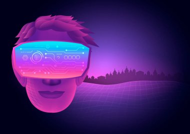 Bir adam sanal gerçeklik gözlüğü ve metaevren sanal dünyanın arka planını kullanır. Metaverse Teknoloji kavramı.