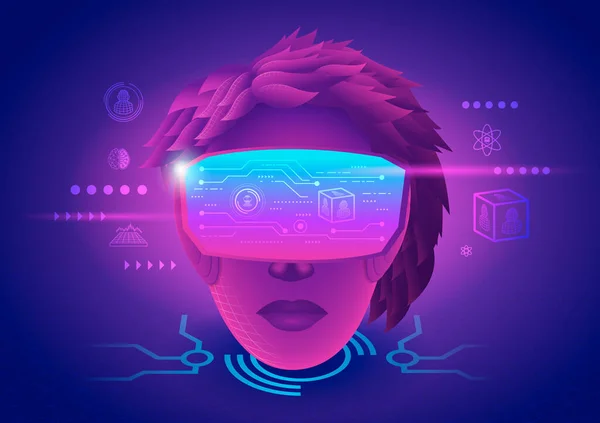 Głowa Kobiety Wykorzystuje Gogle Wirtualnej Rzeczywistości Doświadczenia Metawersalnego Świata Wirtualnego — Wektor stockowy