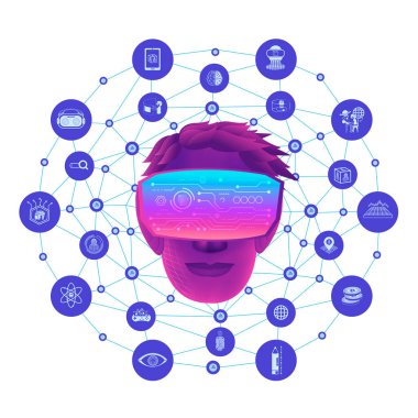İnsan kafası VR sanal gerçeklik gözlüğü ve çizgi çokgeni olan metaevren simgeleri kullanır. Meta evren konsepti eğitimi