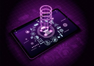 Gerçekçi tablet maket ve Metaverse simgeleri ekranda