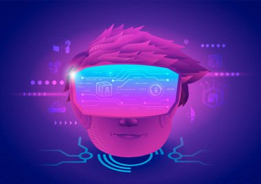 Bir çocuğun kafası sanal gerçeklik gözlüğü ve metaevren sanal dünya deneyimleri kullanır. Metaverse Teknoloji kavramı