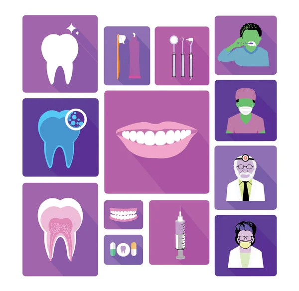 Modern Color Dental Icons Set Long Shadow Effect — Stock vektor