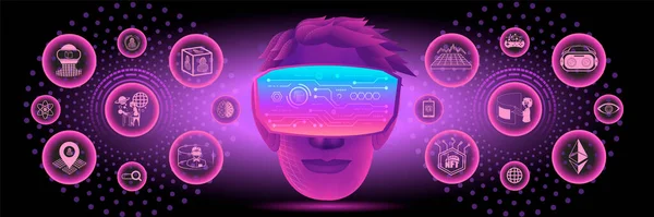 Banner Metaverse Technology Concept Head Use Virtual Reality Goggle Metaverse — Wektor stockowy